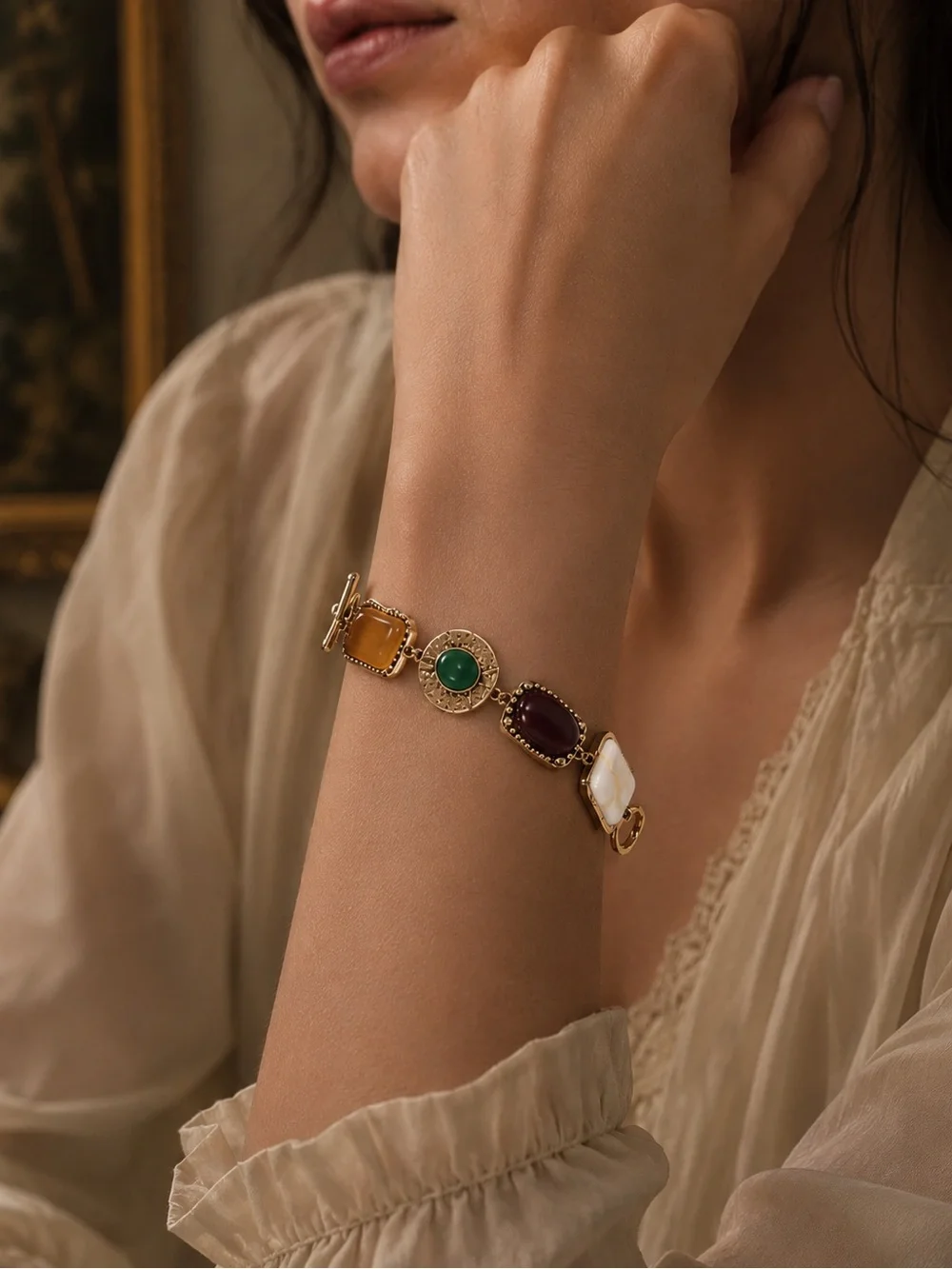 Vintage Mosaic Stone Link Bracelet
